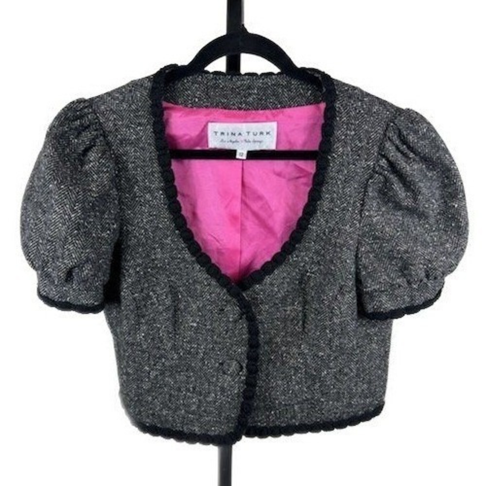 Trina Turk Cropped Jacket Women's Size 12 Gray Herringbone Tweed Y2K Work Wear